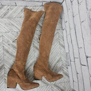 Qupid Womens 7 Over The Knee Block Heel Boots in Camel Suede